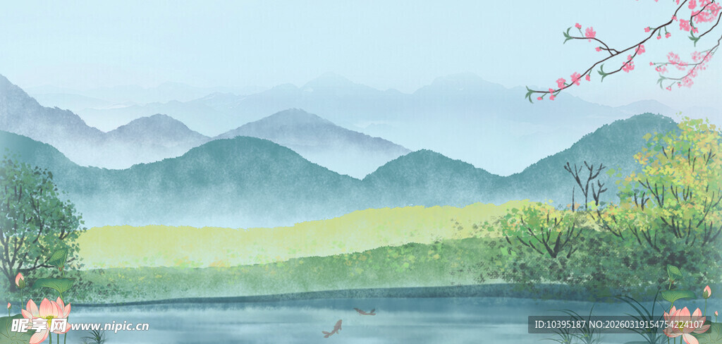 山水湖畔春景图