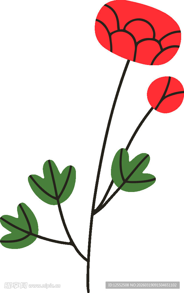 三朵红花绿叶插画图案