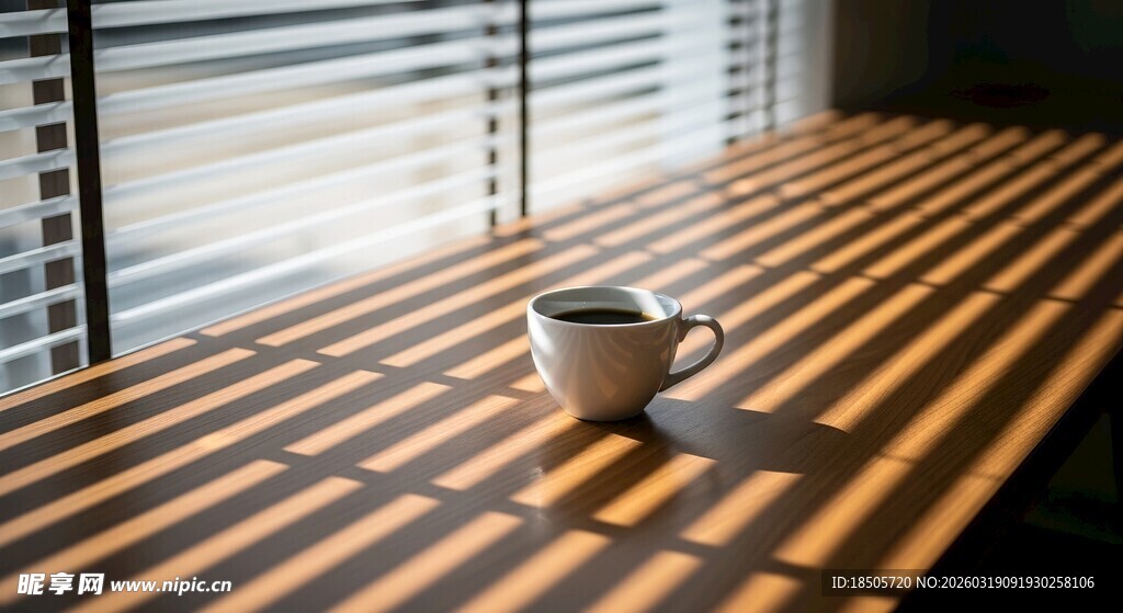 阳光下木桌的静谧咖啡杯