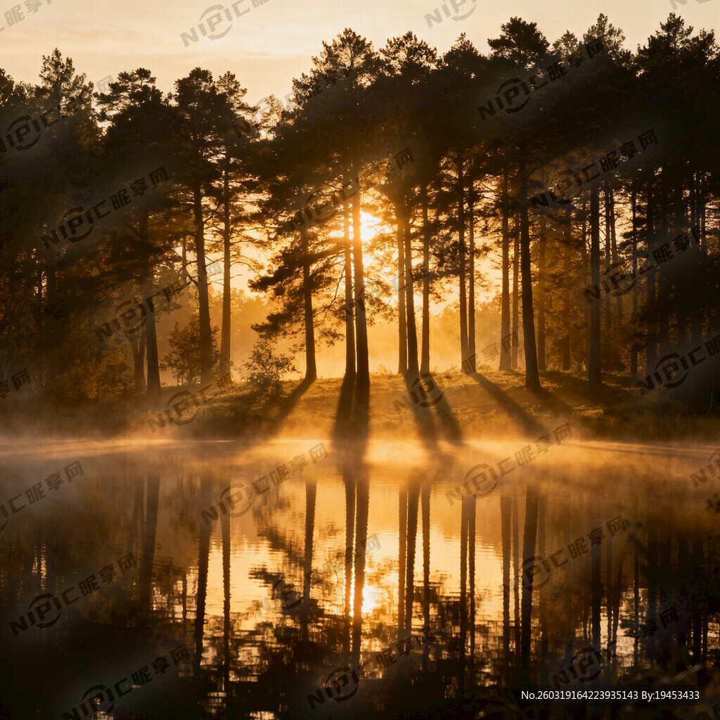 森林 树 阳光 湖 倒影 日初