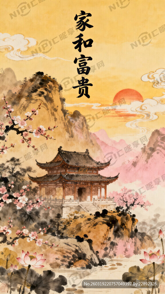 家和富贵、水墨山水、中式古建、