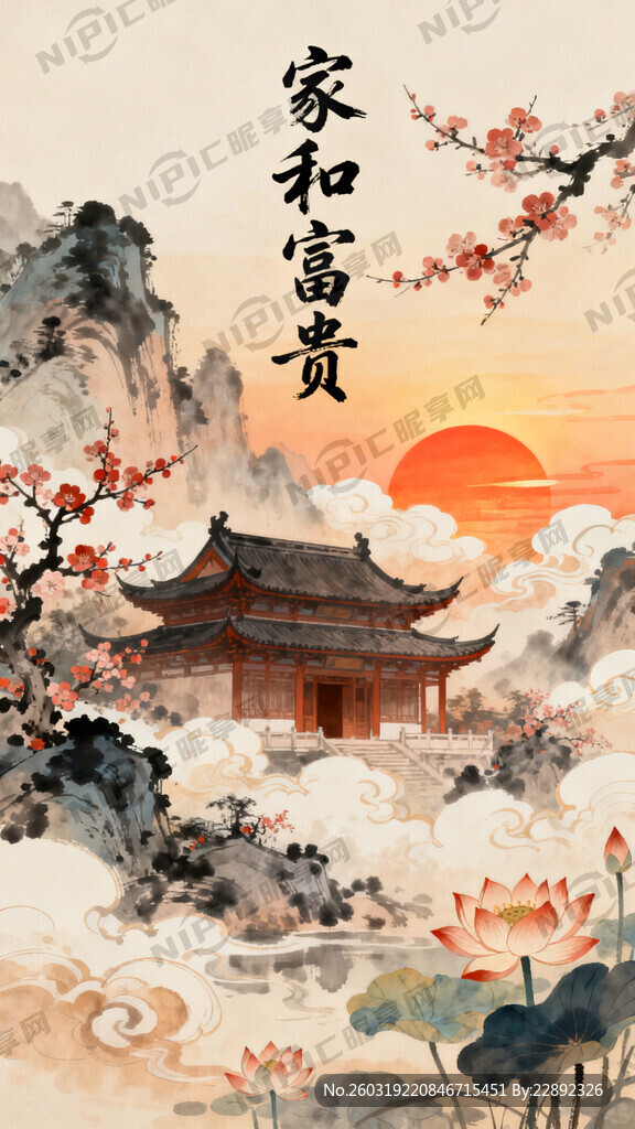 家和富贵、水墨山水、中式古建、