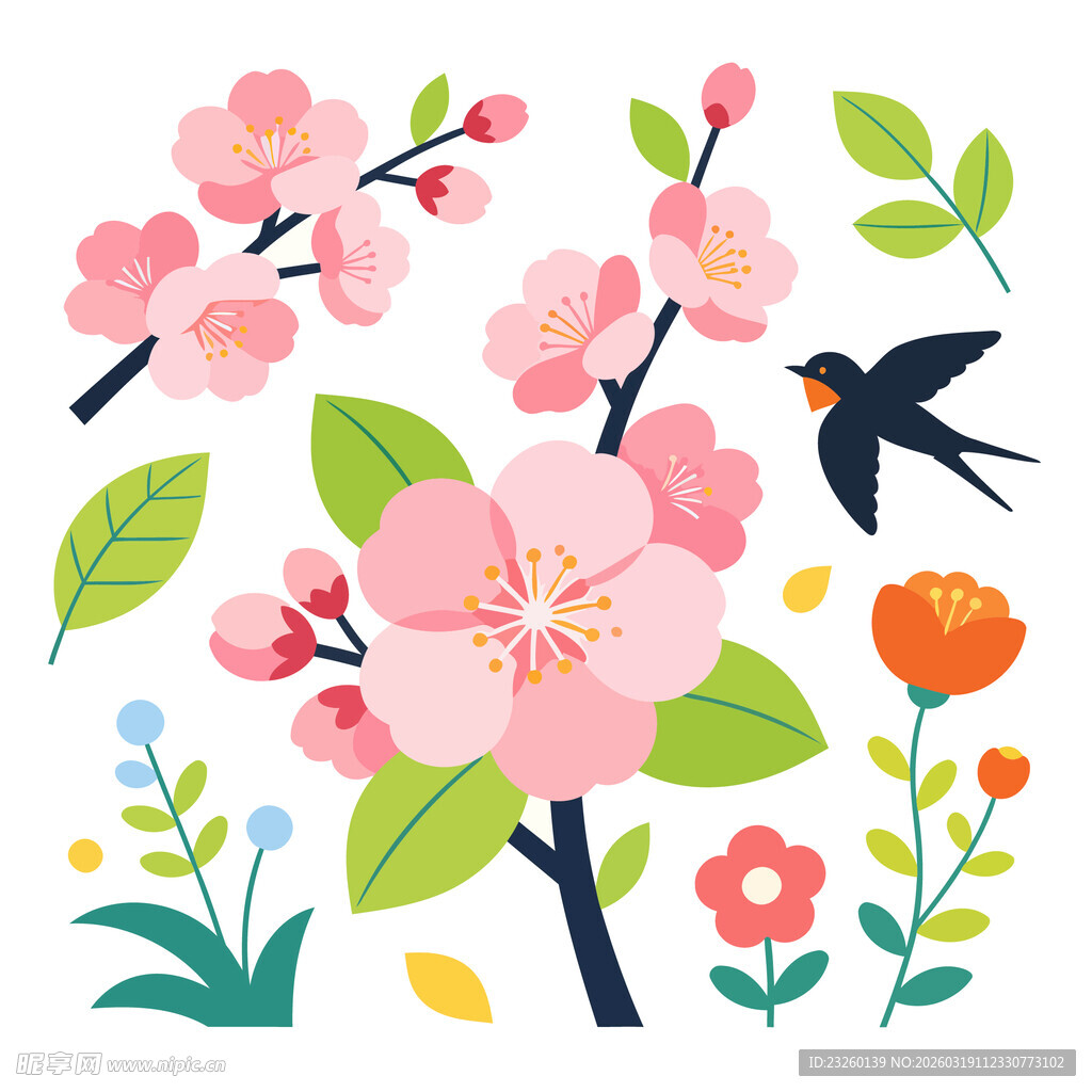 春日花卉与燕子插画