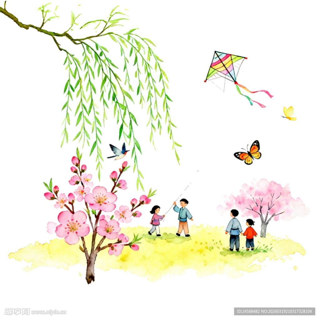 春日孩童放风筝美好图景