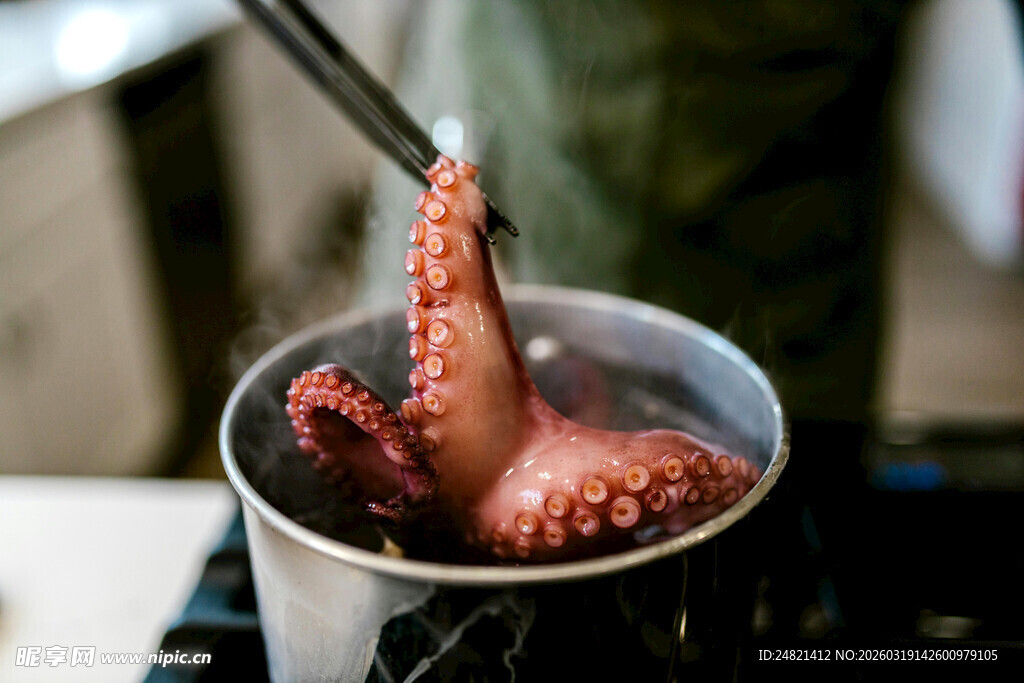 锅中煮着的新鲜章鱼