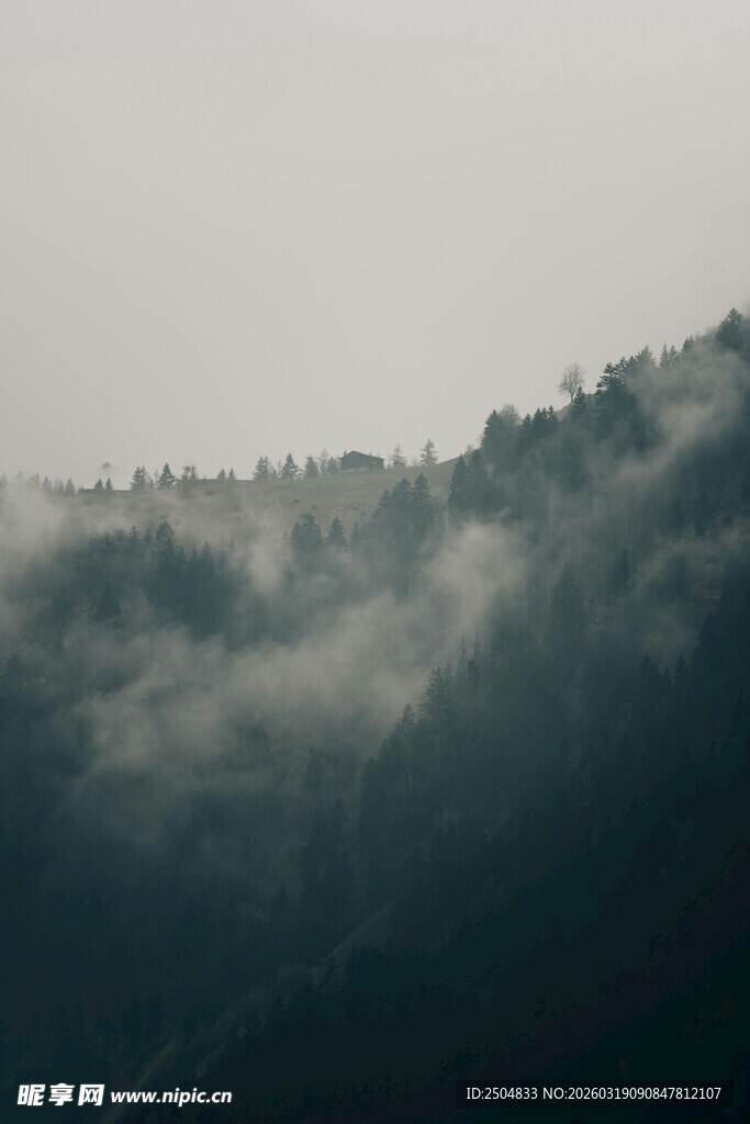 山间云雾缭绕的朦胧景致