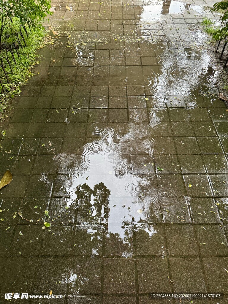 雨后积水地面的倒影景象