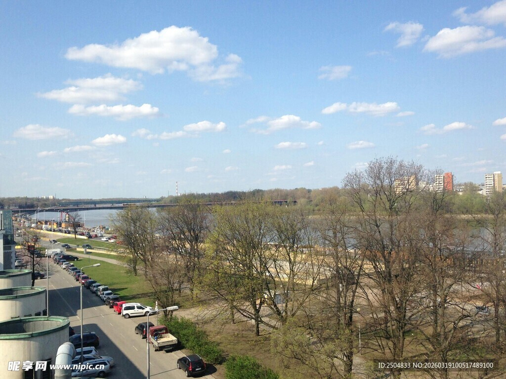 河畔城市景观 树木与车辆