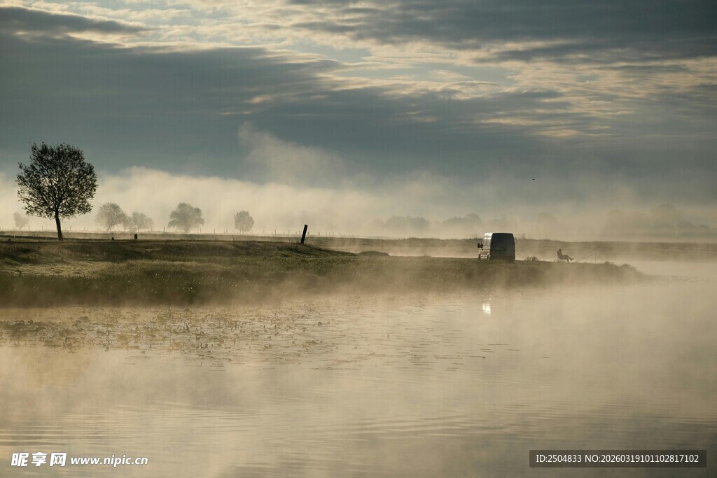 乡村晨雾中的静谧景象