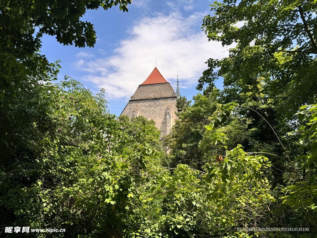 绿树掩映中的红顶塔楼