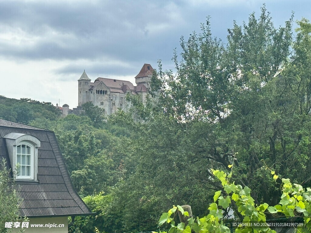 绿树掩映中的古朴城堡