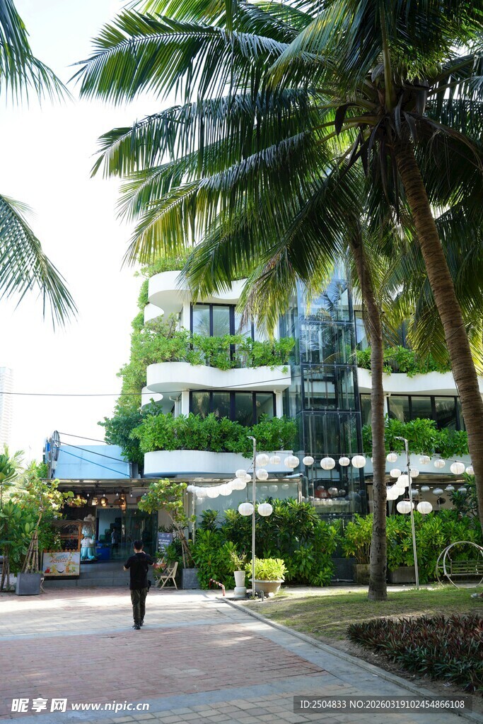 热带风光中的行人与建筑