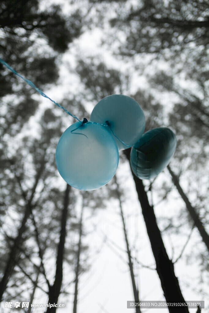 森林上空的蓝色气球