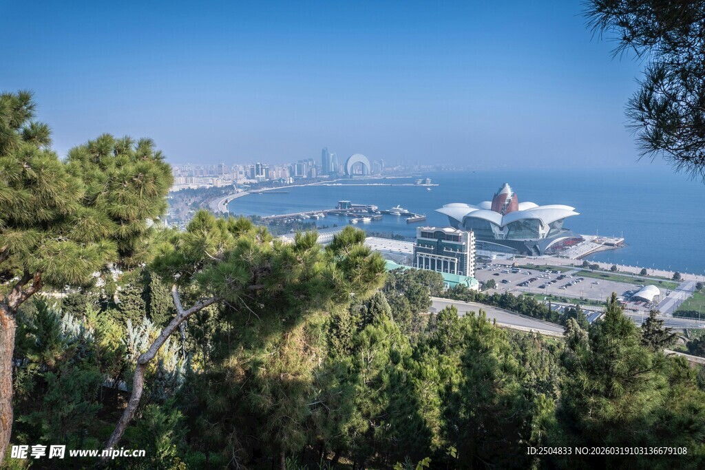 俯瞰海港与葱郁树林景观