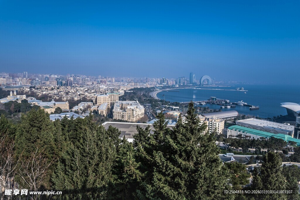 城市海景与葱郁树木景观