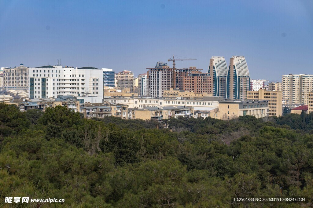 城市天际线与葱郁森林