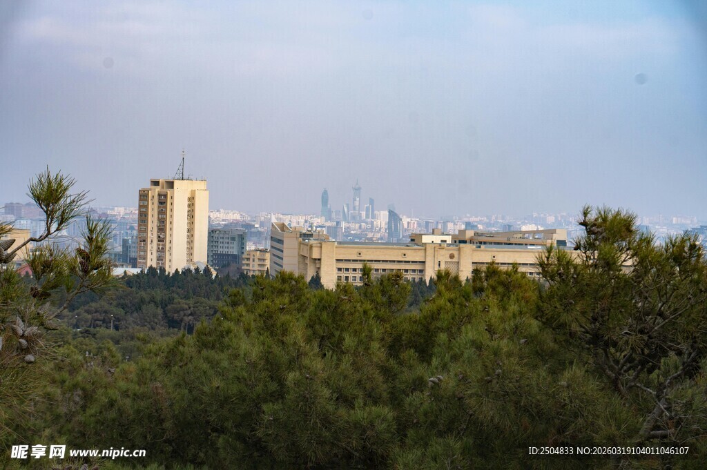 城市远景与葱郁树林景观