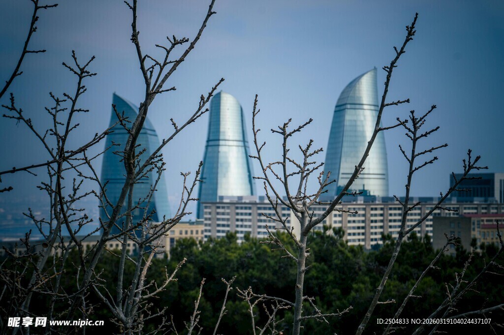 阿塞拜疆高楼与前景树枝