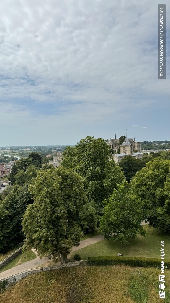 俯瞰绿树环绕的城市景观