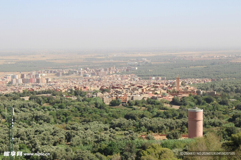 俯瞰绿树环绕的城市景观