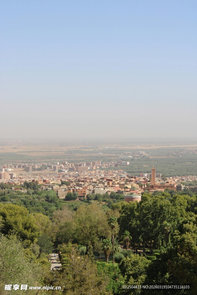 俯瞰绿树环绕的城市景观