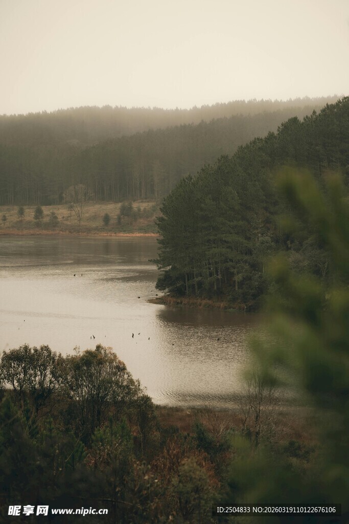 湖畔山林暮色风景图