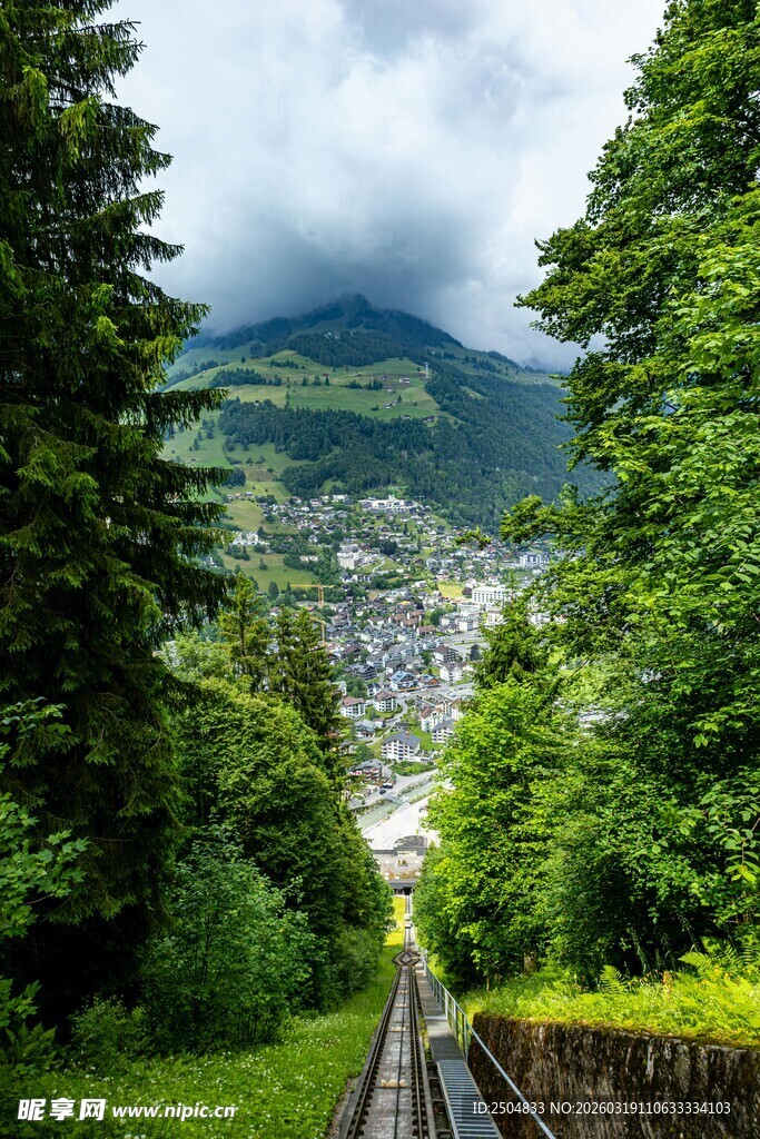 山间铁轨穿行于葱郁森林