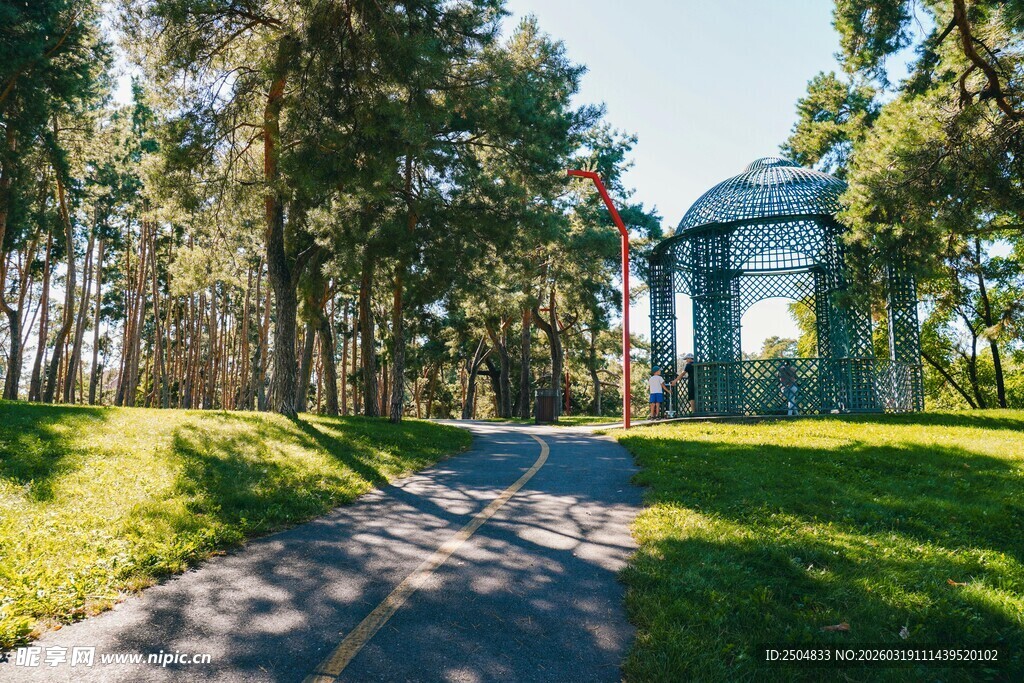 林间阳光小径与复古亭子