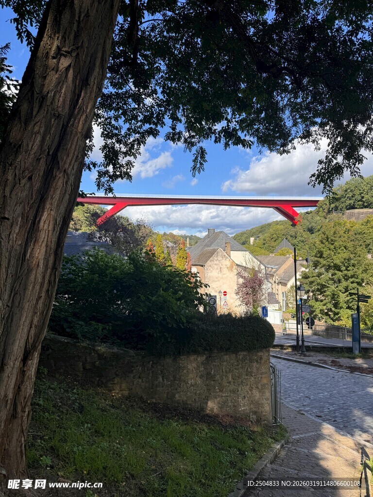 林间远望跨山谷的红桥