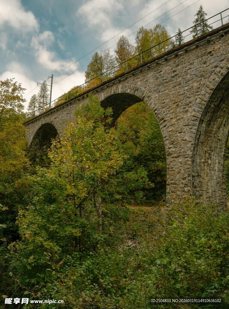 石拱桥横跨绿意盎然林间