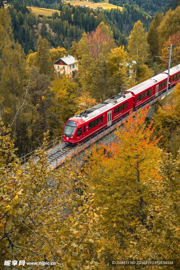 秋日山林中的红色列车