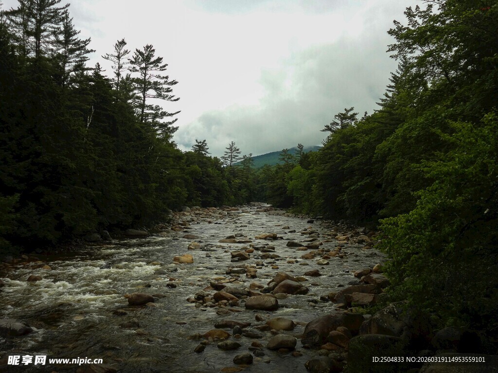 山间湍急溪流 绿意环绕