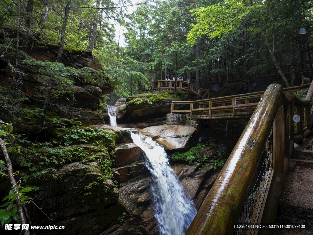 山林间的木质栈道与小瀑布