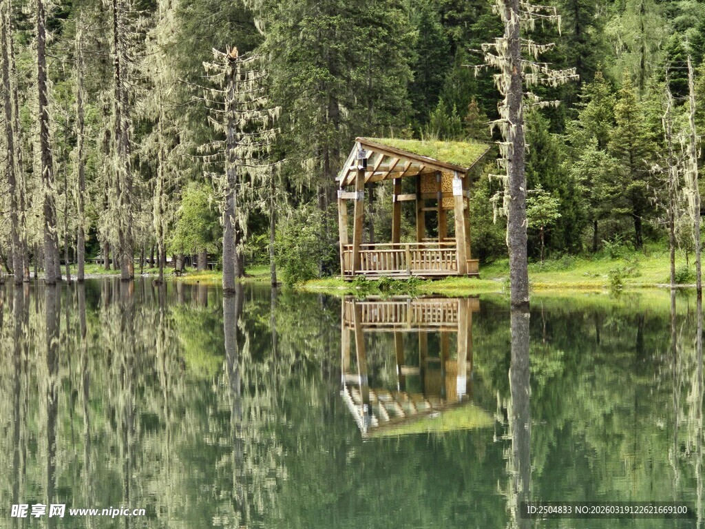 湖畔木屋倒影 静谧自然景