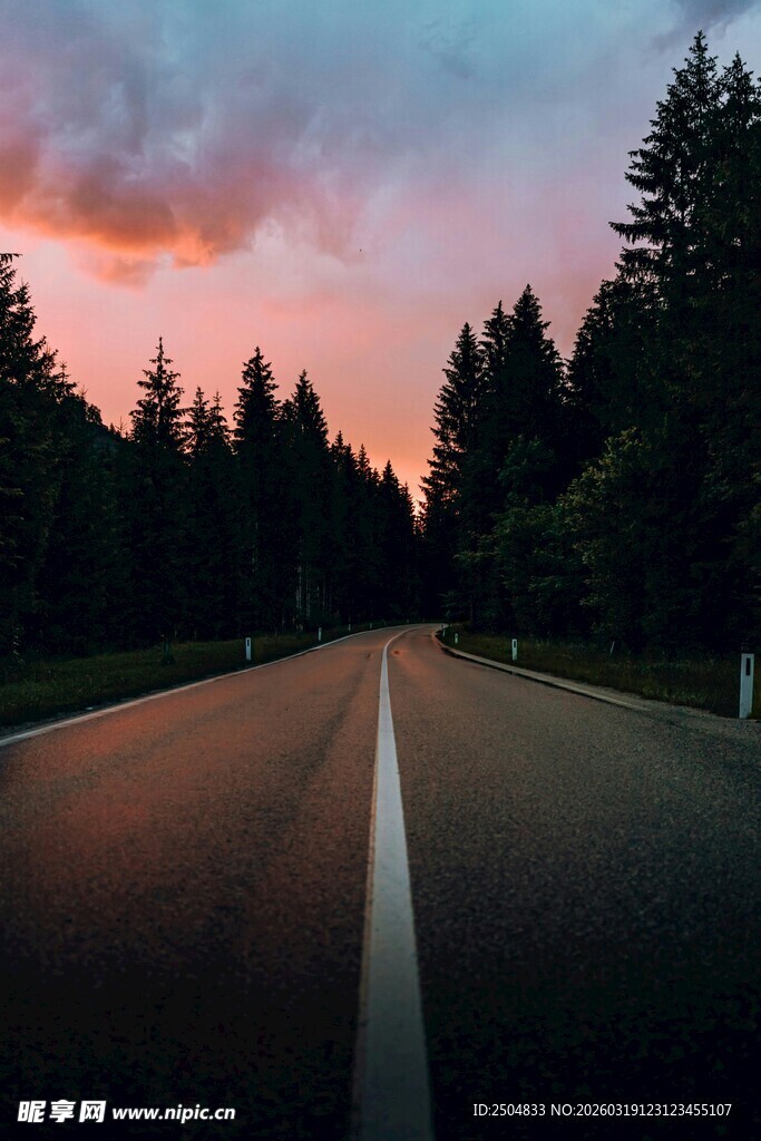 黄昏下的林间公路