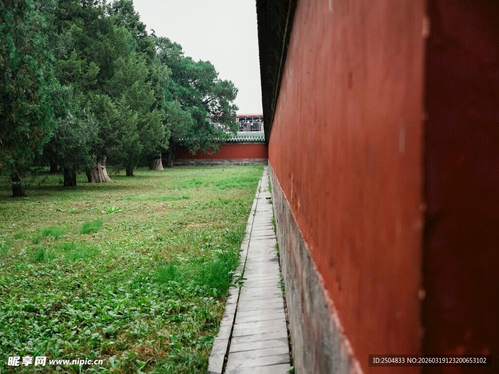 红墙旁的绿意景致