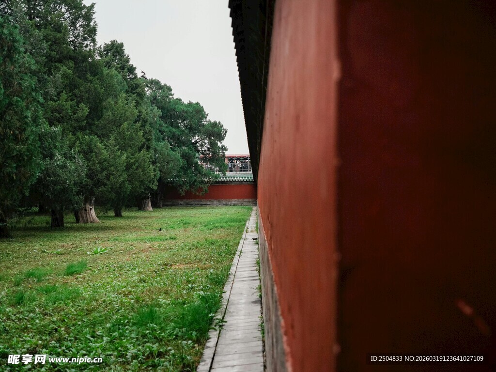 红墙旁的绿意草地