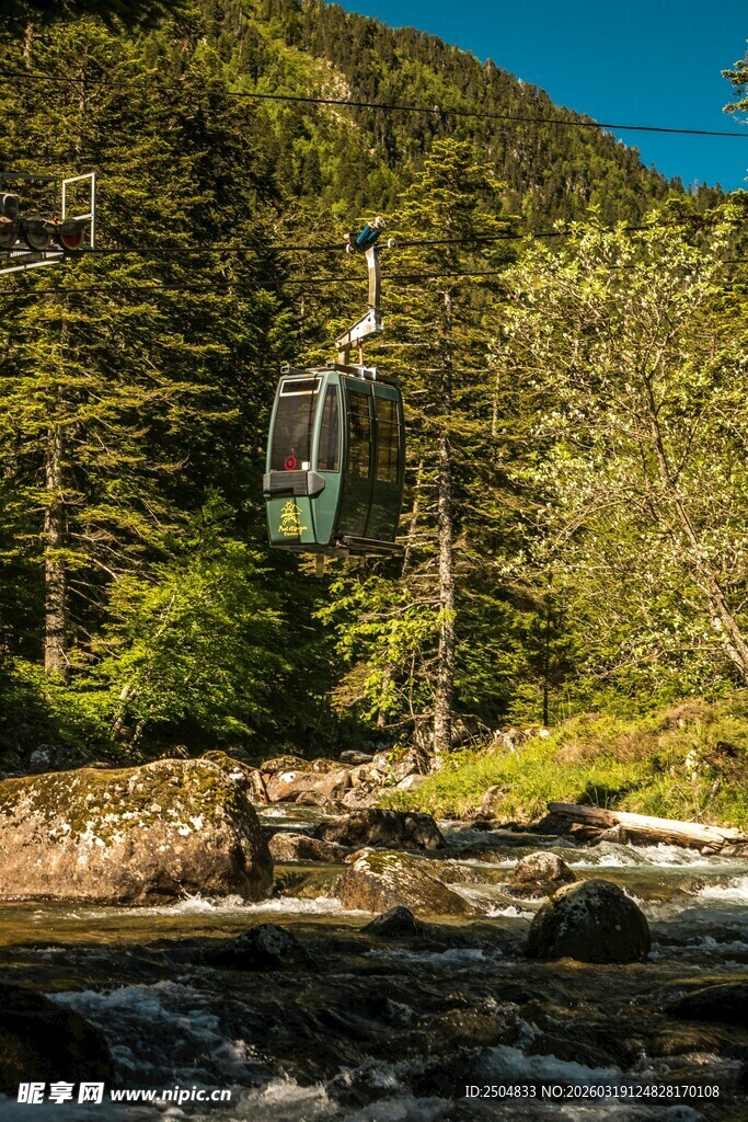 山间缆车穿梭于葱郁树林