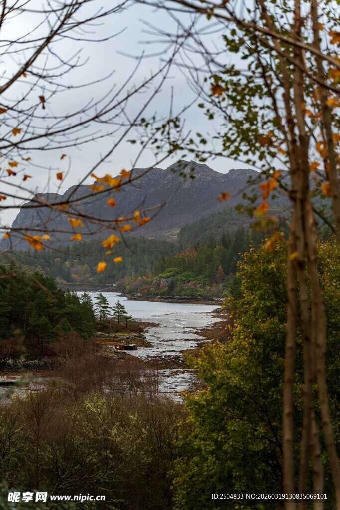 秋日山林间的静谧湖泊