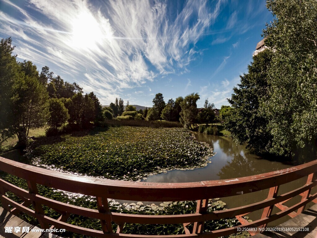 湖畔木栏观景 自然风光美