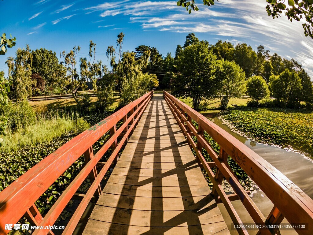 红色木桥横跨绿意景观