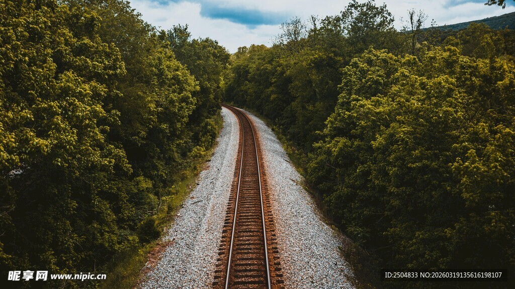 林间延伸的铁轨