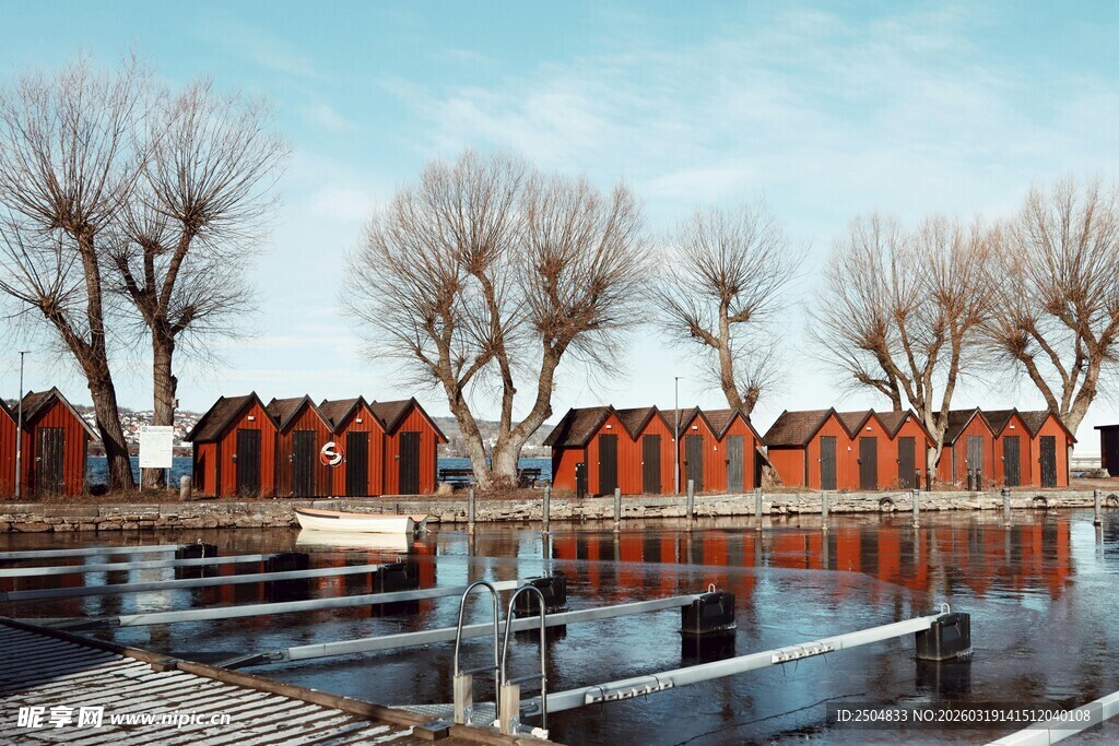 水边红顶小屋与枯树景观