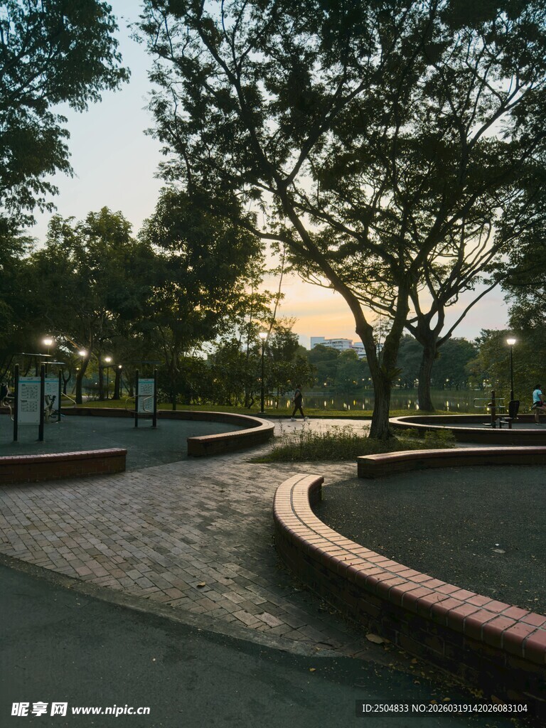 黄昏下的公园弯曲步道景观