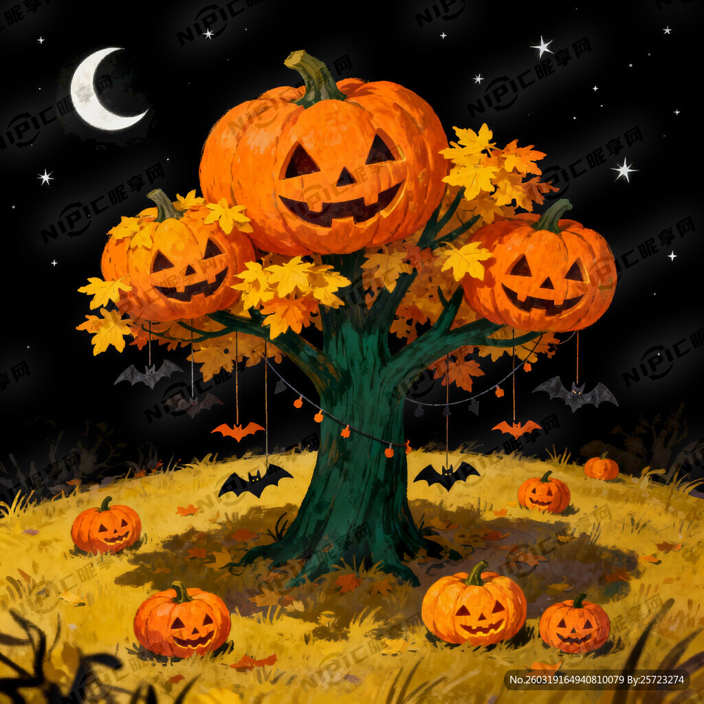 万圣节 南瓜头树林插画