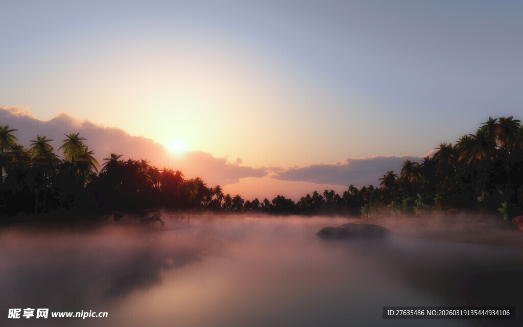 晨雾中的河畔日出美景