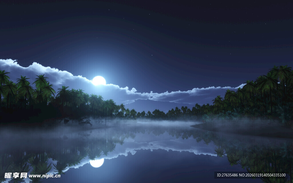 月夜下宁静的山水倒影