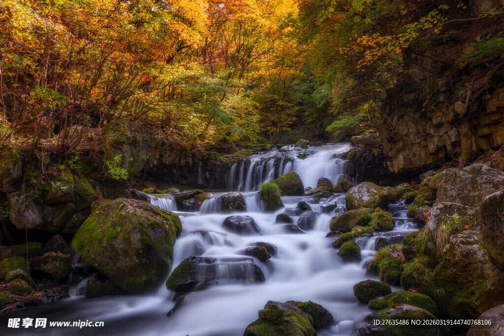 山间溪流秋色美景