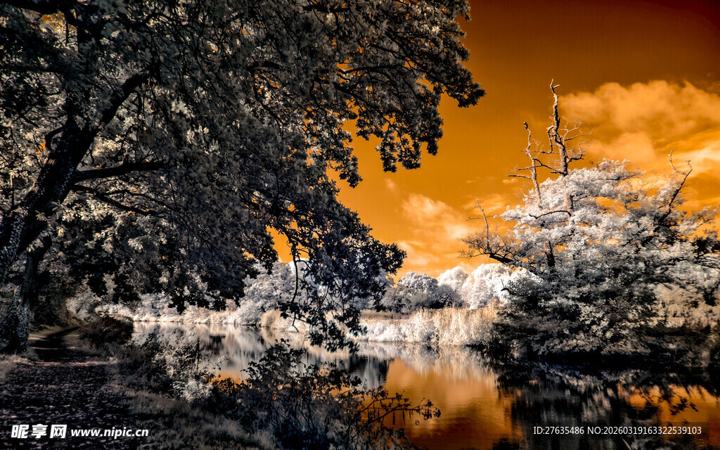 梦幻橙黄天空下的静谧湖景