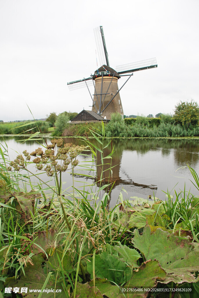 荷兰风车旁的静谧水景
